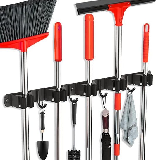 Mop and Broom Holder Wall Mount, Upgraded Broom Hanger Wall Mount, Stainless Steel Broom Organizer for Closet Garage Laundry Room Kitchen Wall Decor(5Racks 4Hooks Black)
