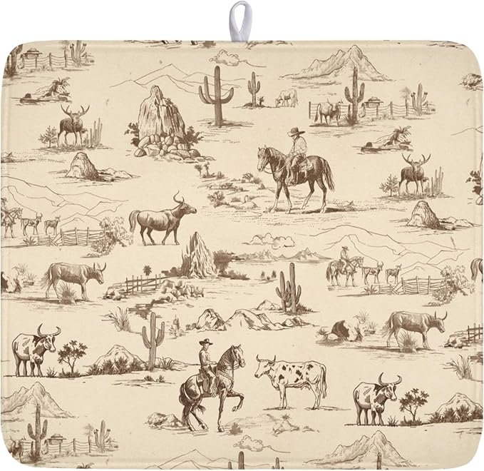 Cowboy Dish Drying Mat 18x16 Inch, West Drying Mat with Absorbent Reversible Microfiber, Cactus Dish Drainer Mats Summer Western Rack Pad for Coffee Countertop Kitchen Protector