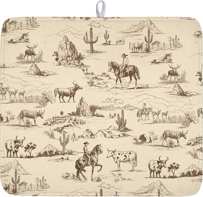Cowboy Dish Drying Mat 18x16 Inch, West Drying Mat with Absorbent Reversible Microfiber, Cactus Dish Drainer Mats Summer Western Rack Pad for Coffee Countertop Kitchen Protector