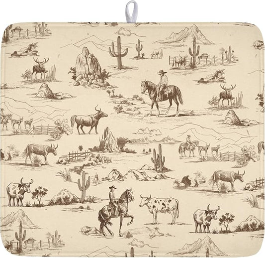 Cowboy Dish Drying Mat 18x16 Inch, West Drying Mat with Absorbent Reversible Microfiber, Cactus Dish Drainer Mats Summer Western Rack Pad for Coffee Countertop Kitchen Protector