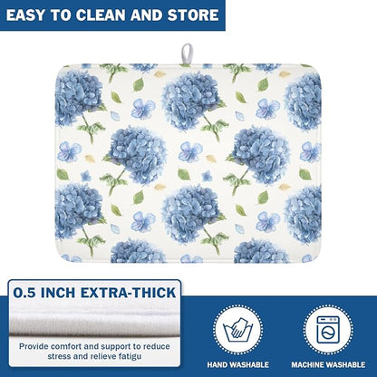 Spring Summer Hydrangea Dish Drying Mat for Kitchen Counter 18 x 24 Inch Blue Floral Dish Drainer Mat Absorbent Microfiber Dish Rack Pad for Holiday Coffee Dining Bar Decor