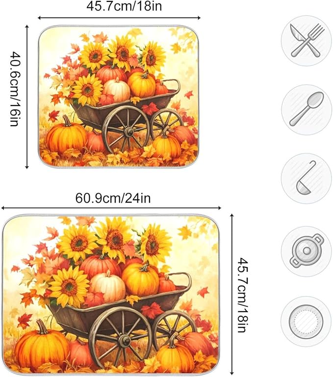 Pumpkin Sunflower Autumn Thanksgiving Dish Drying Mat for Kitchen Counter Absorbent Microfiber Drying Pad, Medium 16x18 in