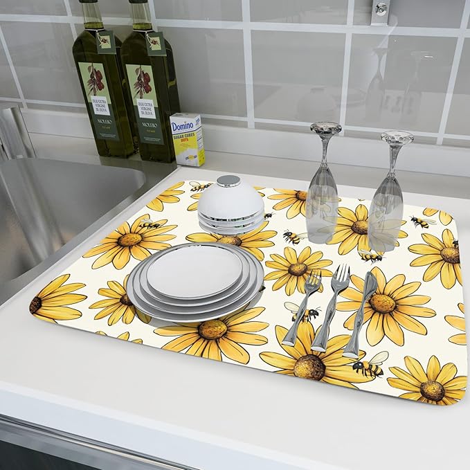 Spring Summer Dish Drying Mat of Kitchen Counter 18×24 Inch Floral Drainer Pad Sunflower Bee Dish Rack Pad Drainer Mat Washable Absorbent Reversible Microfiber for Coffee Bar