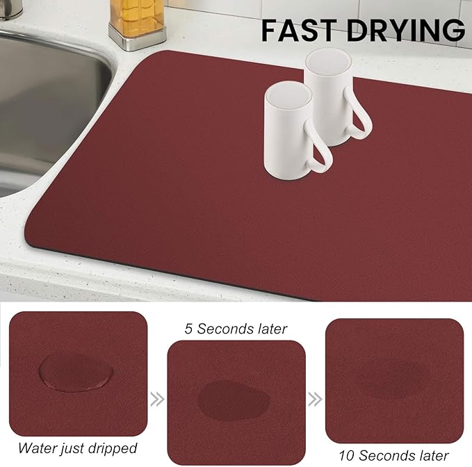 WISELIFE Dish Drying Mat Super Absorbent Drying Mat Large Dish Drying Mats for Kitchen Counter Easy Clean Dish Mat Kitchen Drying Mat18"x 36" Classic Red