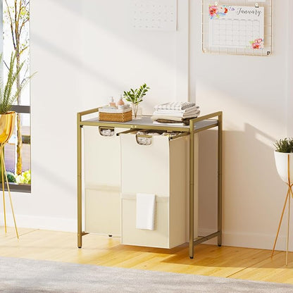 Laundry Hamper, double Laundry Basket, Laundry Sorter with Top Shelf & 2 Removable Washable Bags & Side Pockets for Laundry Room organization, Bathroom and Dorm, Gold and White