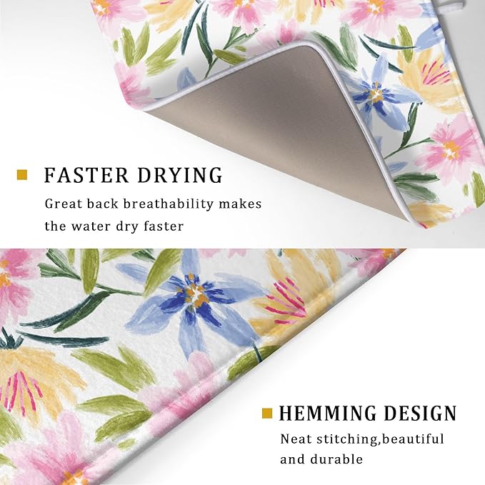 Aportt Spring Summer Floral Dish Drying Mat With Absorbent Reversible Microfiber Colorful Yellow Pink Blue Flowers Drying Mats 18 x 24 Inch Dish Drainer Mat Fast Dry For Kitchen Dining Room