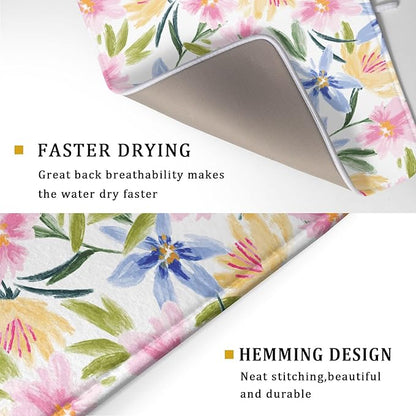 Aportt Spring Summer Floral Dish Drying Mat With Absorbent Reversible Microfiber Colorful Yellow Pink Blue Flowers Drying Mats 18 x 24 Inch Dish Drainer Mat Fast Dry For Kitchen Dining Room