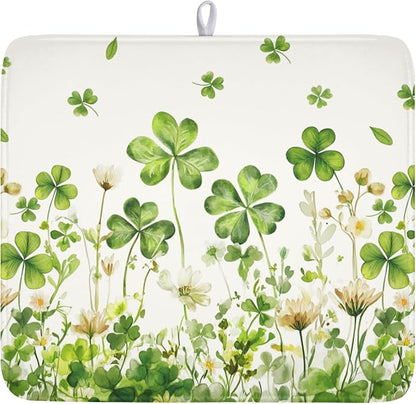 St Patrick's Day Dish Drying Mat 16 x 18 Inch Green Clover Dish Drainer Rack Mat Absorbent Microfiber Mats for Shamrock Dish Pad Spring Lucky Dish Pad for Kitchen Bar Decor
