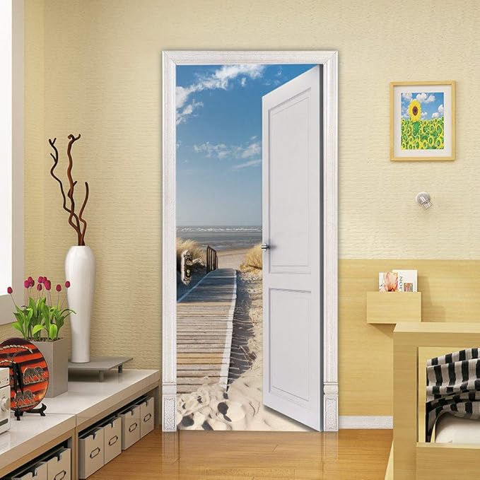 3D Door Stickers Murals Peel and Stick - Outer Beach Road Wallpaper Self-Adhesive Decals Removable PVC Waterproof Poster for Bedroom Living Room Decoration 35.4" x 78.7"