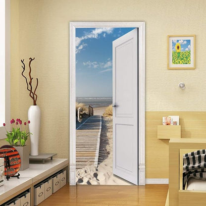 3D Door Stickers Murals Peel and Stick - Outer Beach Road Wallpaper Self-Adhesive Decals Removable PVC Waterproof Poster for Bedroom Living Room Decoration 35.4" x 78.7"
