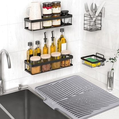 TIKNIK Silicone Dish Drying Mat, Stone Drying Mat for Kitchen Counter with Built-In Drain, Non-Slip Drain Pad with Built-in Drain, Heat Resistant Stone Drying Mat, Hangable, Grey-2pcs, 20" x 15"