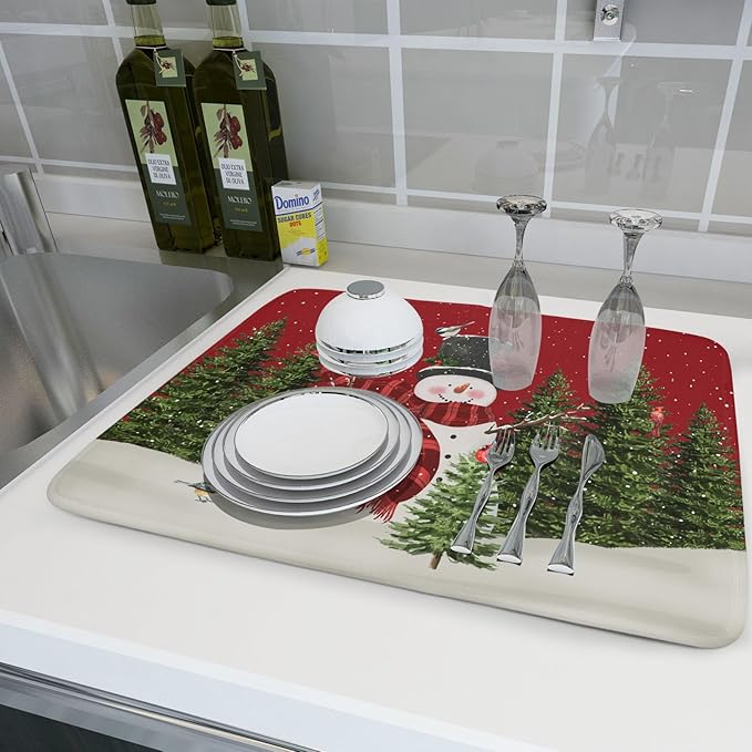 Christmas Dish Drying Mat for Kitchen Counter Red Xmas Snowman Trees Birds Drying Mat 18x24 Inch Winter Holiday Absorbent Dish Drainer Mat Christmas Kitchen Accessories