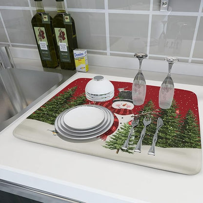 Christmas Dish Drying Mat for Kitchen Counter Red Xmas Snowman Trees Birds Drying Mat 18x24 Inch Winter Holiday Absorbent Dish Drainer Mat Christmas Kitchen Accessories