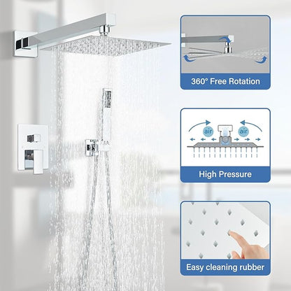 Shower Faucet Polished Chrome Shower System with 8 Inches Rain Shower Head and Handheld Spray Bathroom Luxury Rain Shower Faucet Set Complete Wall Mounted