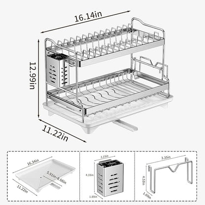 Dish Drying Rack, Double Layered countertop Kitchen Organizer with Drainage Large Bowl Rack and Storage Rack with Drainage Board, Suitable for Kitchen Bars (Silver)