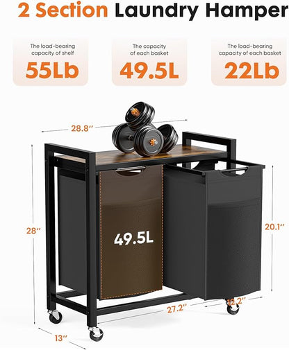 Laundry Sorter 2 Section, 2 × 13.1Gal (99L) Rolling Laundry Basket with Pull-Out Removable Bags & Movable Wheels,Clothes Separator Hamper Cart for Laundry Room, Bathroom and Bedroom Organizer