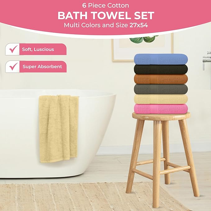 100% Cotton Bath Towels-27x54inch - 6 Pack Shower Towels - Light Weight, Ultra Absorbent Towels for Bathroom (Multi Color)