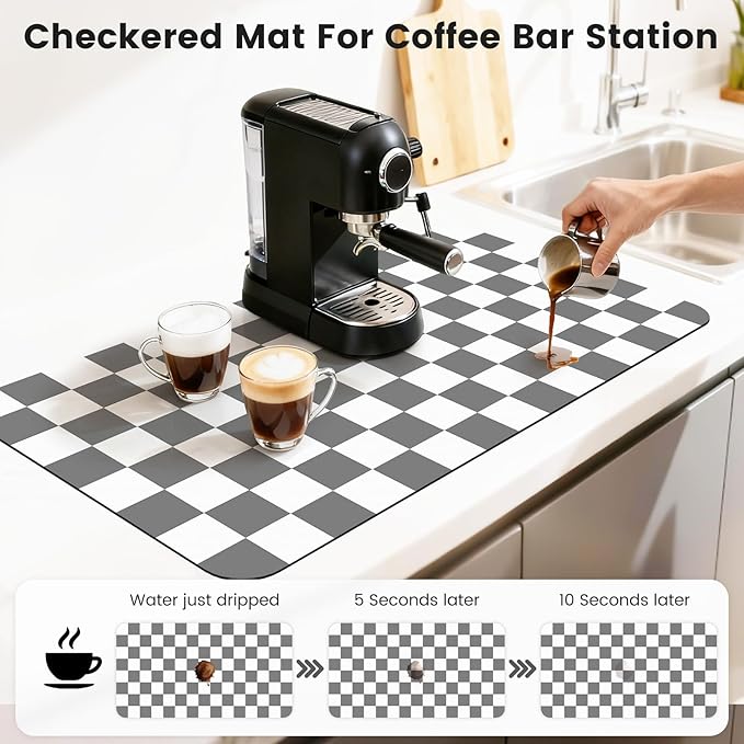 17" x 32" Checkered Dish Drying Mat for Kitchen Counter, Absorbent Coffee Bar Mat for Espresso Machine Coffee Countertops Accessories (Grey)