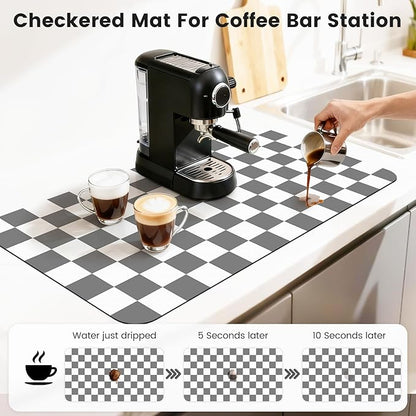17" x 32" Checkered Dish Drying Mat for Kitchen Counter, Absorbent Coffee Bar Mat for Espresso Machine Coffee Countertops Accessories (Grey)