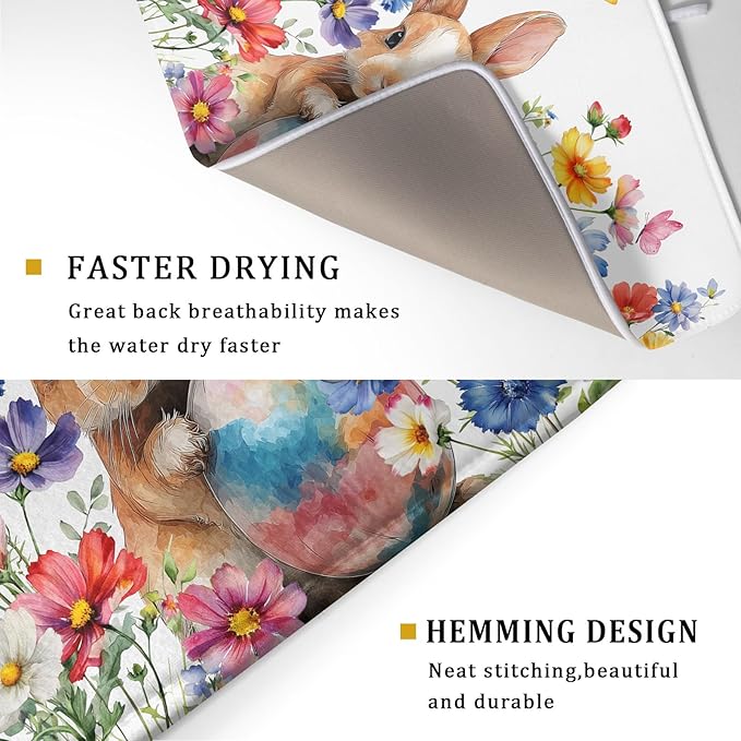 Spring Easter Rabbit Egg Dish Drying Mat for Kitchen Counter,Colorful Flowers Butterfly Drying Mat 18 x 24 Inch with High Absorbent Microfiber Drainer Mat for Coffee Bar