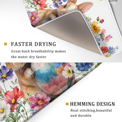 Spring Easter Rabbit Egg Dish Drying Mat for Kitchen Counter,Colorful Flowers Butterfly Drying Mat 18 x 24 Inch with High Absorbent Microfiber Drainer Mat for Coffee Bar