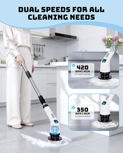 Electric Spin Scrubber, IPX7 Shower Scrubber 7 Replaceable Brush Heads-90Mins Work Time, 2-Speed Adjustable Bathroom Scrubber 3-Height Adjustable Handle Cordless Tub Scrubber for Bathtub Kitchen Glass