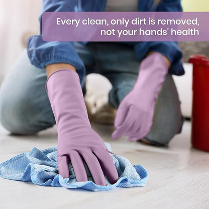 Rubber Cleaning Gloves for Dishwashing, 4 Pairs Reusable Kitchen Gloves for Washing Dishes and Household Cleaning, Purple Dish Gloves with Flocked Lining and Non-Slip Grip, Pefect for Woman Men - L