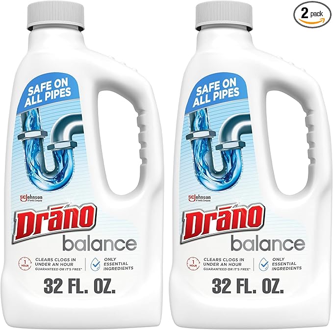 Drano Balance Drain Clog Remover and Cleaner, Non-Corrosive Formula, Safe on All Pipes and Septic Tanks, Formulated Using Only Essential Ingredients, 32 Fl Oz (Pack of 2)