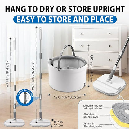 Spin Mop and Bucket with Wringer Set, 360° Spinning Mop Bucket with Separate Dirty and Clean Water System with 3 Microfiber Mop Pads and 52" Stainless Steel Adjustable Handle for Floor Wall Cleaning