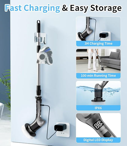 Electric Spin Scrubber with 3 Speed, Adjustable Extension Handle, 8 Brush Heads,Cordless Power Cleaning Brush for Bathroom, Tile, Kitchen-Grey