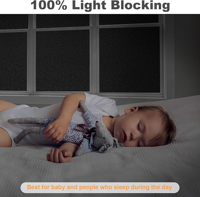 Total Blackout Window Privacy Film with Installation Tools,100% Light Blocking Heat Control Static Cling,Room Darkening Opaque Window Cover,Blackout,23.6 Inch X 6.5 Feet