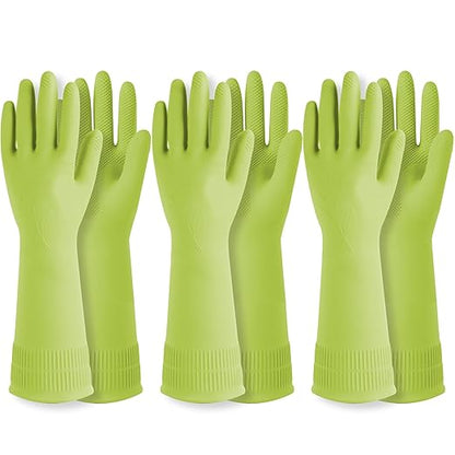 Reusable Waterproof Household Dishwashing Cleaning Rubber Gloves, Non-Slip Kitchen Glove (Green, Medium (Pack of 3))