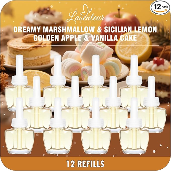 Plug-In Air Freshener Refills 12 Pack – Dreamy Marshmallow, Sicilian Lemon, Golden Apple & Vanilla Cake Scents for Bathroom, Home – Compatible with Air Wick & Glade, Not Include Glade Plus