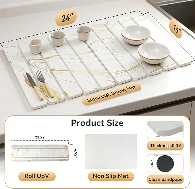 Stone Drying Mat for Kitchen Counter, 24"×16" White Marble Quick Dish Drying Mat with Sanding Pads Non-Slip Roll Up Absorbent Diatomaceous Earth Mat for Countertop, Tableware, Cups