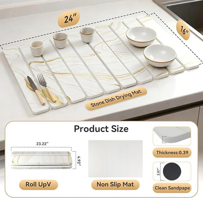 Stone Drying Mat for Kitchen Counter, 24"×16" White Marble Quick Dish Drying Mat with Sanding Pads Non-Slip Roll Up Absorbent Diatomaceous Earth Mat for Countertop, Tableware, Cups