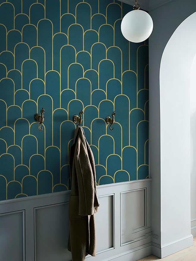 Yasinet Peel and Stick Wallpaper Green and Gold Wallpaper Modern Dark Green Contact Paper Gold Geometric Removable Self Adhesive Wall Paper for Bedroom/Cabinet Waterproof Bathroom Vinyl 393.7" x 17.3"