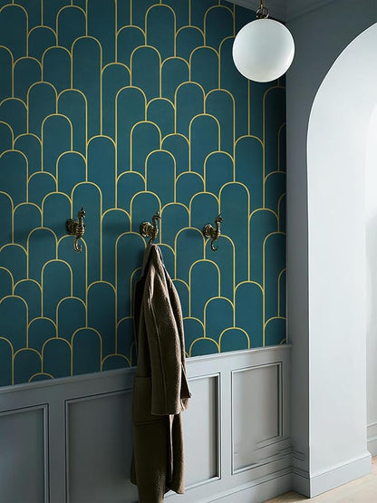 Yasinet Peel and Stick Wallpaper Green and Gold Wallpaper Modern Dark Green Contact Paper Gold Geometric Removable Self Adhesive Wall Paper for Bedroom/Cabinet Waterproof Bathroom Vinyl 393.7" x 17.3"