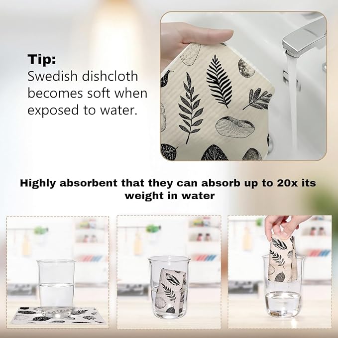 6 Pack Swedish Dishcloths for Kitchen, Leaf Reusable Paper Towels Super Absorbent Reusable Paper Towels Washable, Quick Drying, Dishwasher，Kitchen Gifts for Women