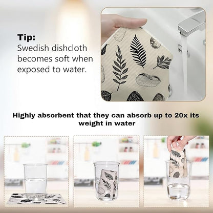 6 Pack Swedish Dishcloths for Kitchen, Leaf Reusable Paper Towels Super Absorbent Reusable Paper Towels Washable, Quick Drying, Dishwasher，Kitchen Gifts for Women