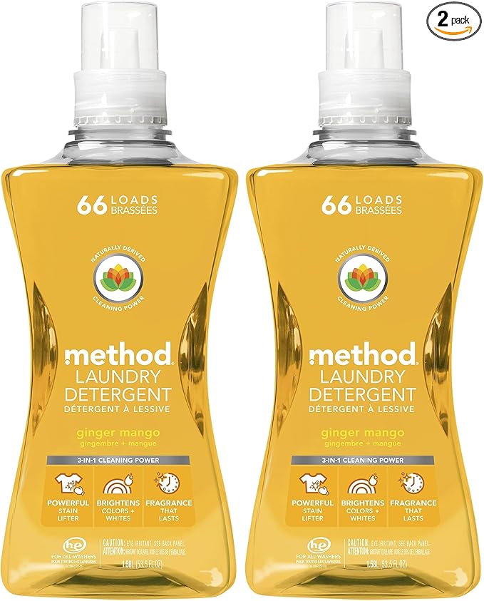 Method Liquid Laundry Detergent, Ginger Mango, 66 Loads Per Bottle, Hypoallergenic + Stain Remover, 53.5 Fl Oz (Pack of 2)