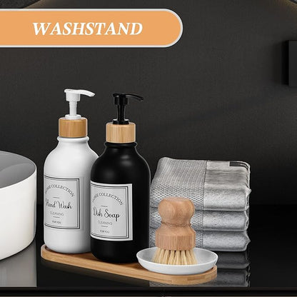 Zopeal 4 Pcs 16 oz Kitchen Soap Dispenser Set with Bamboo Tray and Dish Brush Plastic Soap Dispenser Set with Waterproof Labels for Hand Dish Lotion(Matte Black,White)