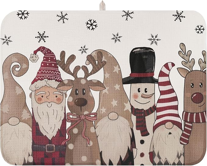 Christmas Dish Drying Mat, Ultra Absorbent Microfiber Dish Drainer Mat Christmas Snowman Reindeer Drying Mats for Kitchen Counter, Coffee Maker, Tableware Decor, 18 x 24 Inch
