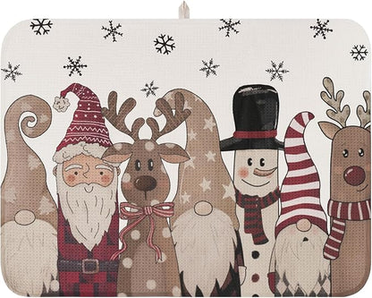 Christmas Dish Drying Mat, Ultra Absorbent Microfiber Dish Drainer Mat Christmas Snowman Reindeer Drying Mats for Kitchen Counter, Coffee Maker, Tableware Decor, 18 x 24 Inch