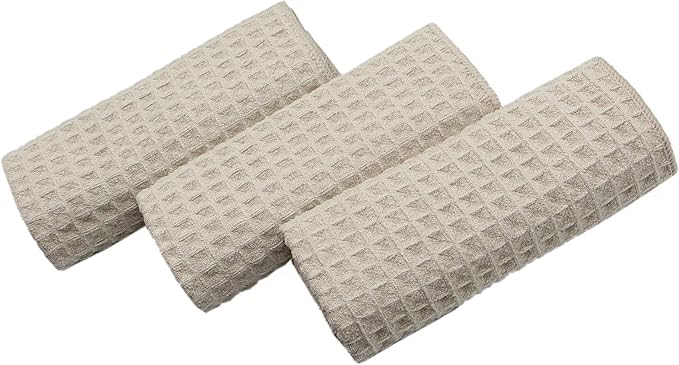 Waffle Weave Absorbent Kitchen Dish Towels - Thick Microfiber 16Inch x 24Inch 3 Pack Khaki