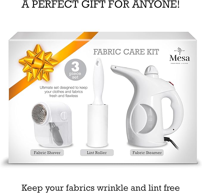 Inspired Living Fabric Care Kit – 3-Piece Fabric & Garment Care Set with Handheld Steamer, Lint Roller & Fabric Shaver – Portable Wrinkle Remover & Clothes Defuzzer