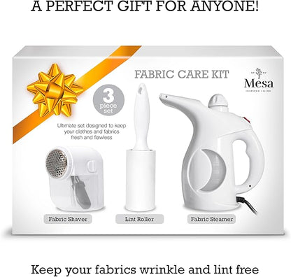Inspired Living Fabric Care Kit – 3-Piece Fabric & Garment Care Set with Handheld Steamer, Lint Roller & Fabric Shaver – Portable Wrinkle Remover & Clothes Defuzzer
