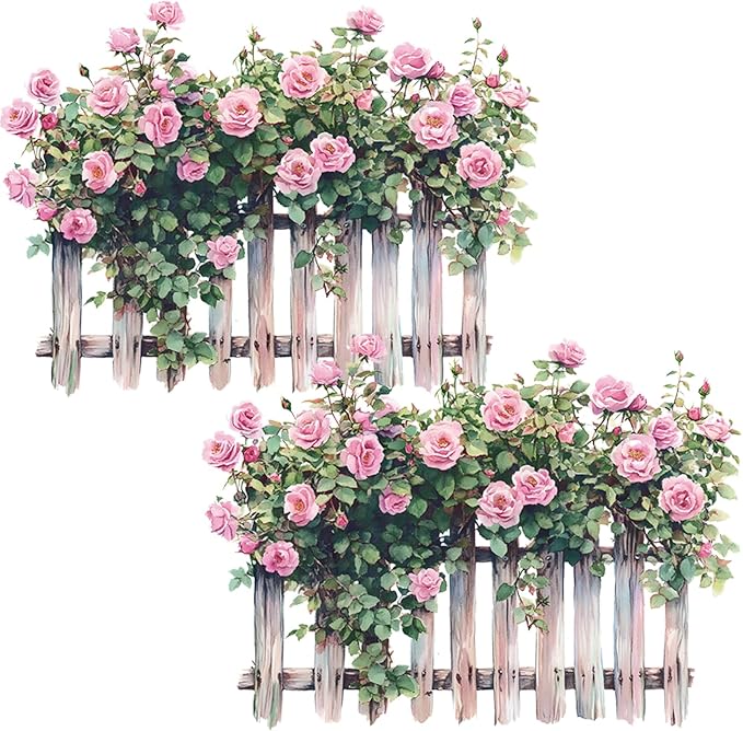 Romantic Rose Decals Floral Wall Decor, Rose Vine Fence Flowers Stickers Wall Art Murals, Flower Pattern Self-Adhesive Stickers for Girls Bedroom Living Room Nursery Decor