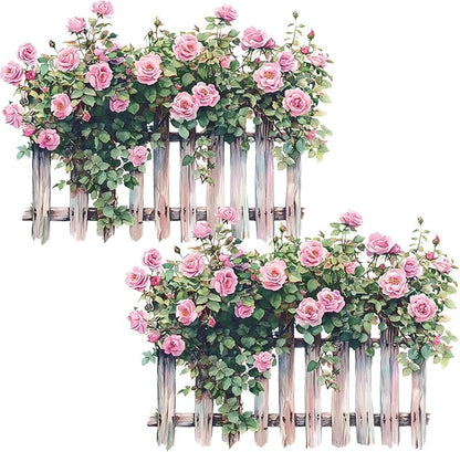 Romantic Rose Decals Floral Wall Decor, Rose Vine Fence Flowers Stickers Wall Art Murals, Flower Pattern Self-Adhesive Stickers for Girls Bedroom Living Room Nursery Decor