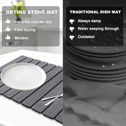 Stone Drying Mat for Kitchen Counter, 24"x16" Large Diatomaceous Earth Stone Dish Drying Mat, Fast Absorbing Foldable Quick Dry Stone Sink Mat for Dishes, Pans & Kitchen Utensils (Gray)