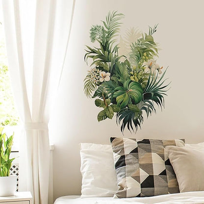 Botanical Wall Decals with Palm Leaves Lush Green Foliage White Flowers Removable Peel and Stick Wall Art 22.4x15.7 inches for Living Room Nursery Home Decor